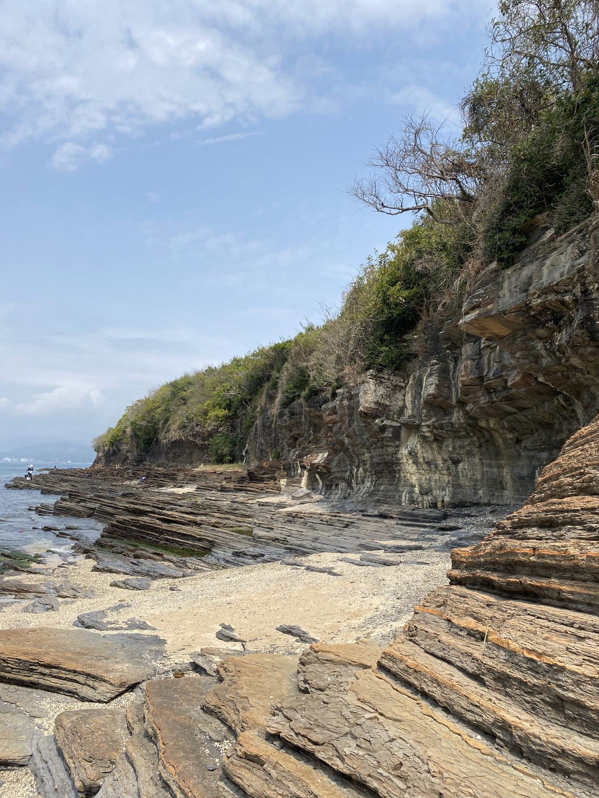 Tilted sedimentary layers exposed in a cliff above a wave-cut shore platform in Hong Kong